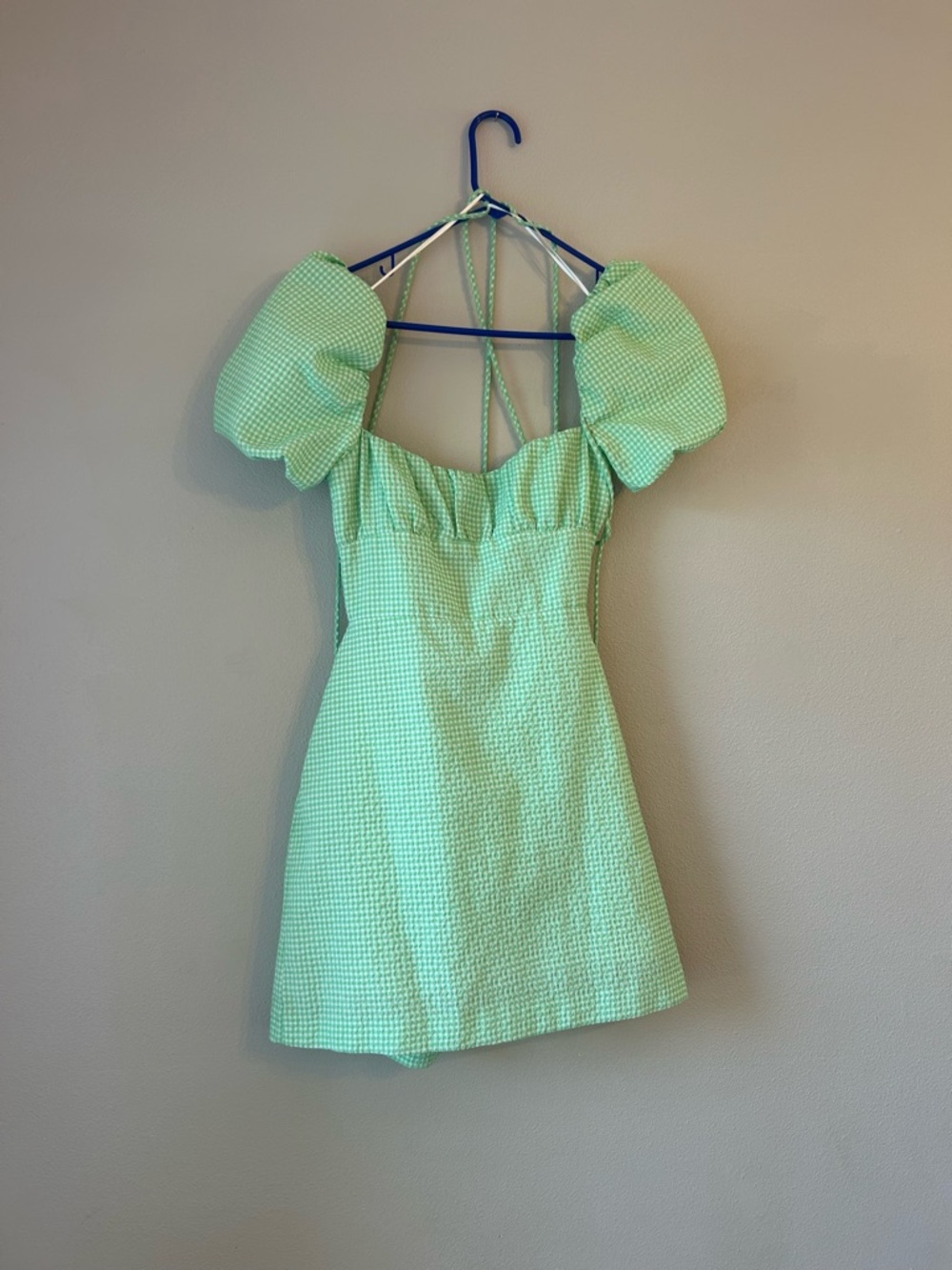 Zara Pastel Green Gingham Puff-Sleeve Mini Dress - Picture 6 of 12